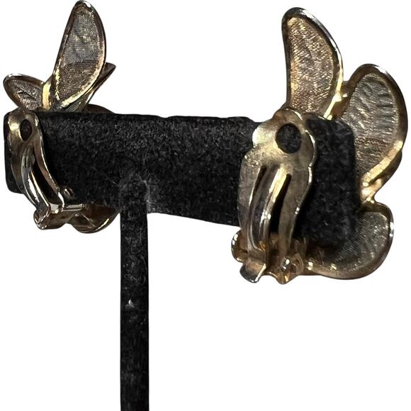 Vintage Bronze Flower Clip On Earrings Statement Petals Crystal Center - Picture 7 of 12